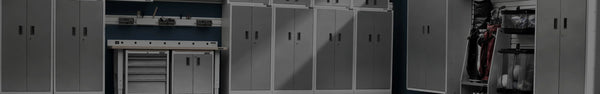 Full size garage storage cabinets in a garage.