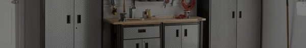 Ready to assemble metal garage cabinets in a workspace.