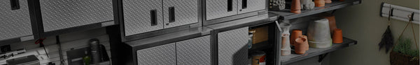 Premier welded metal garage cabinets in a garage.